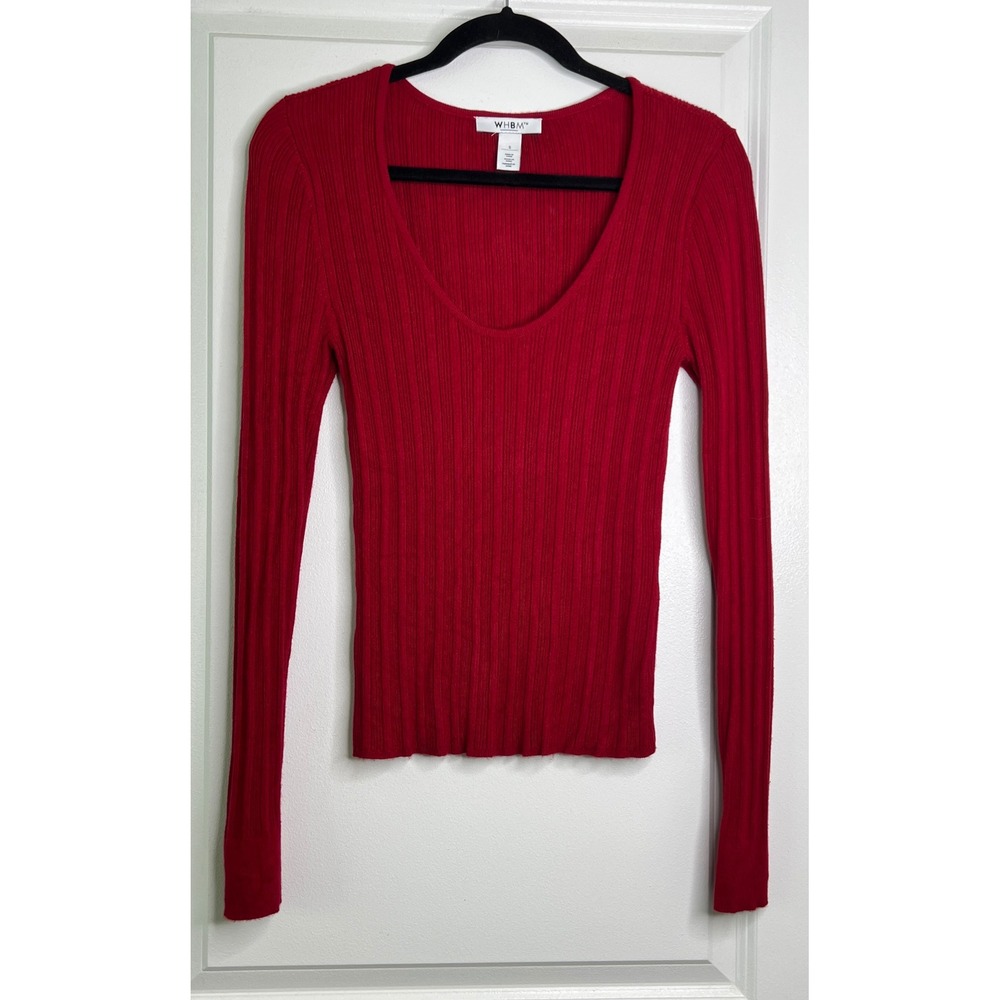 WHBM Red Ribbed Knit Long Sleeve Scoop Neck Sweater Small Top Rayon Nylon